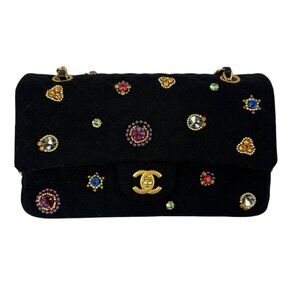 Chanel Jersey Knit Quilted Crystal Embellished Medium Double Flap Shoulder Bag